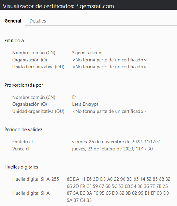 Certificates of the domain gemsrail[.]com