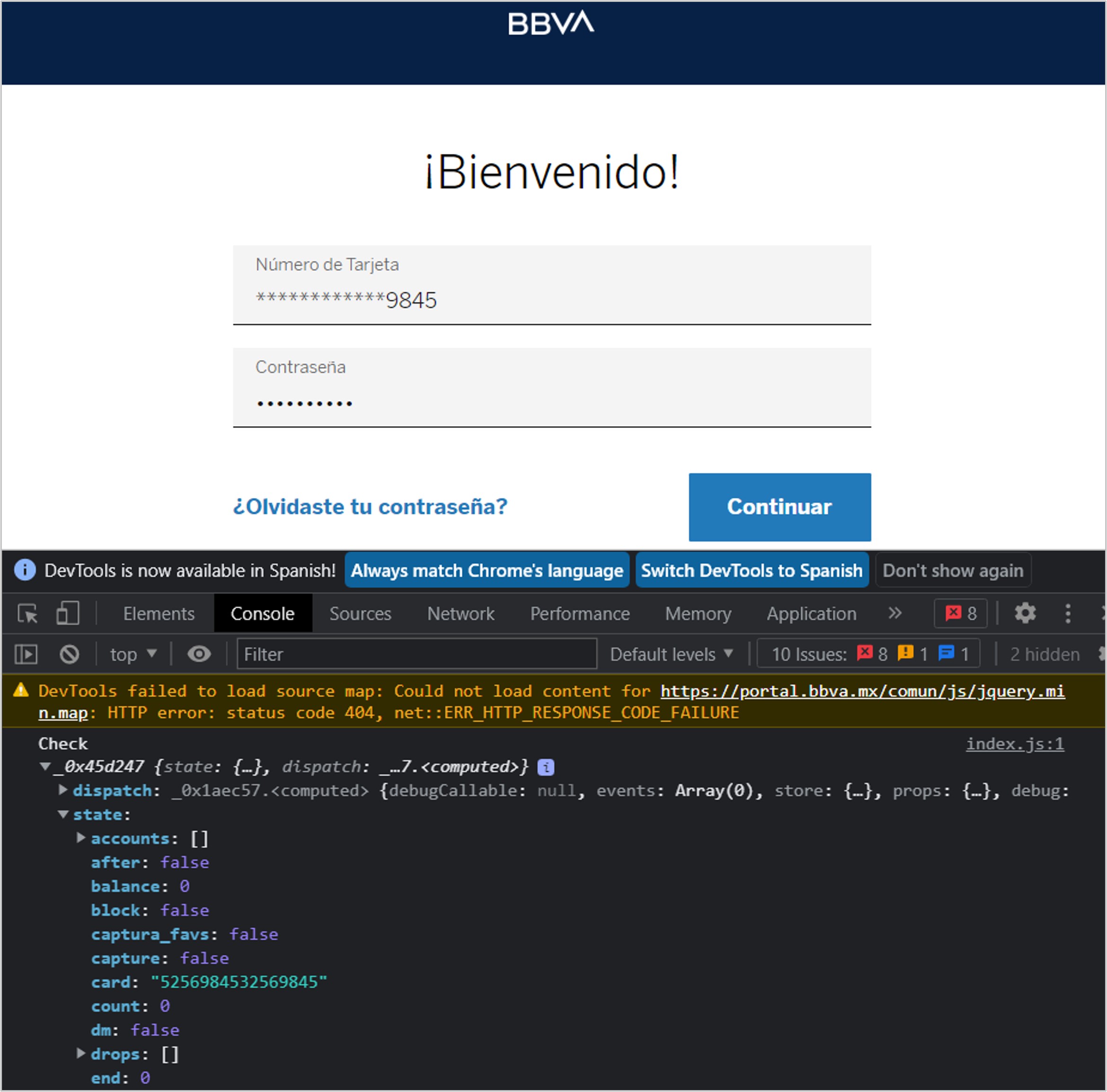 JavaScript object Check in which the card number submitted can be observed