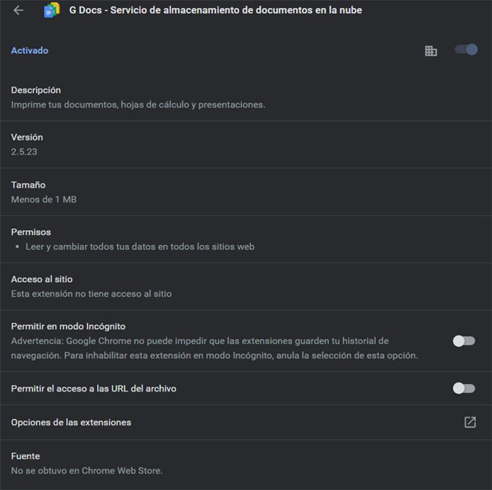 Details of the malicious Chrome extension